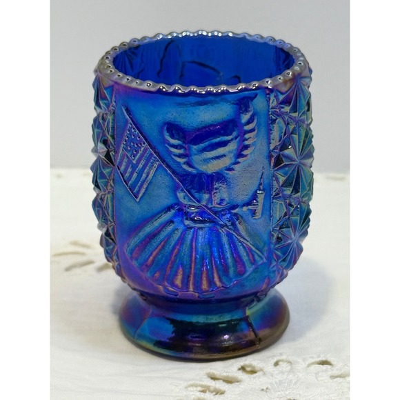 Other - Blue Carnival Glass Betsy Ross with Flag Toothpick Holder Iridescent Votive